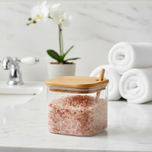 Deconox 600 ml Bambu Kapaklı ve Kaşıklı Kare Cam Kavanoz, Vakumlu Ahşap Kapaklı Baharatlık, Kendinden Kaşık Yuvalı Şeker, Kahve ve Banyo Tuzu Saklama Kabı - Görsel 3