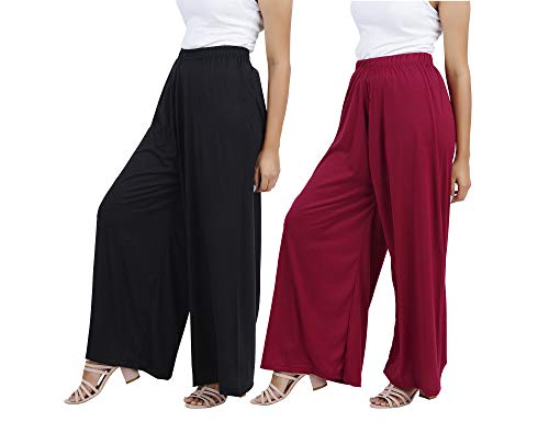 Image of Buy That Trendz M to 4XL Cotton Viscose Loose Fit Flared Wide Leg Palazzo Cotton for Pants Women Black Maroon Combo Pack of 2 XX-Large