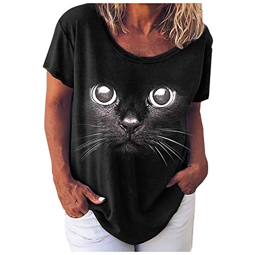XUJY Tshirt Damen Oberteile Katze Drucken Oversize locker Lässige Kurzarm Sommer T Shirt Frauen Oberteil Bluse Tunika Top T-Shirt Hemd Longshirt Kurzarmshirt Sweatshirt Cover