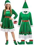 PANMAY Christmas Elf Costume Set Women Santa Claus Outfit Velvet Dress with Belt Santa Hat Xmas Party Cosplay