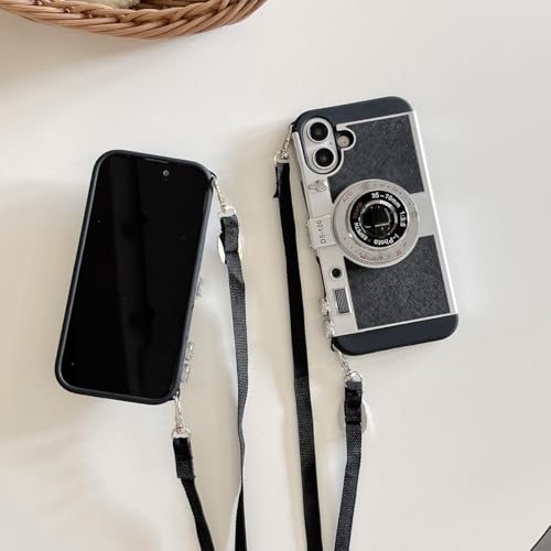 Yatchen Camera Case Compatible with iPhone 16 Pro, Cute 3D Vintage Camera with Lanyard Adjustable Shoulder Strap Girls Women Unique Cool Silicone PC Cover Black by Yatchen - Image 4