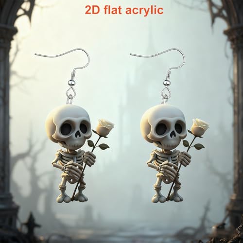 Goth Skeleton Earrings for Women Cute Gothic Spooky Skull Rose Drop Dangle Earrings Acrylic Halloween Jewelry Accessories (White) by KOFISNI - Image 6