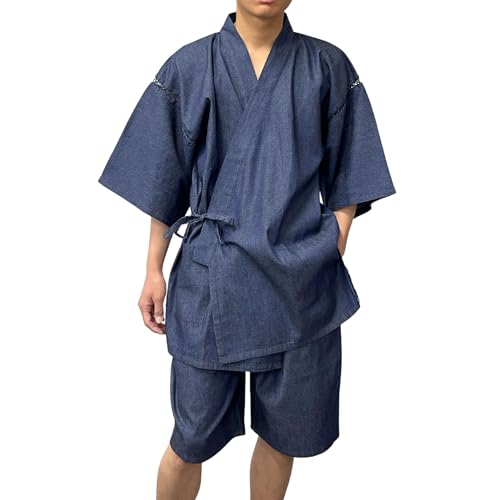 [江戸てん] 甚平 メンズ デニム 4.5oz 薄手ライトデニム 綿100% 先染め 柔らかい 軽い 紺 上下セット 部屋着 お祭り 夏 大きいサイズ 紺 5L