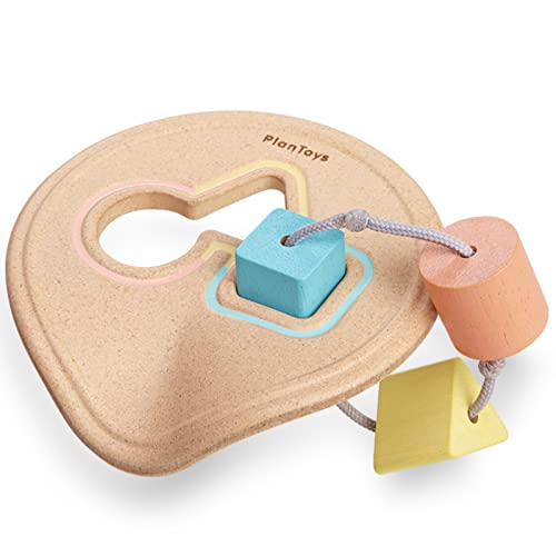 Image of PlanToys Wooden Shape Sorter and Teether Baby Toy (5259) | Pastel Color Collection |Sustainably Made from Rubberwood and Non-Toxic Paints and Dyes | Eco-Friendly PlanWood