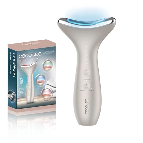 Cecotec Tonificador Facial Eléctrico FaceCare Face&Neck Pro. Cara y cuello, Forma Curvada y Cabezal de Aluminio, 3 Modos, Luz LED Roja, Azul y Verde, 5 Niveles de EMS, Vibración, Calor, IPX6