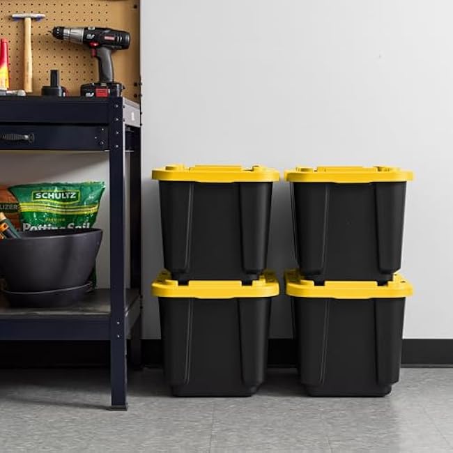 IRIS USA 12 Gallon Heavy Duty Truck Bed Toolbox Storage Tote Bins with Lids, 4 Pack - Made in USA, Tough Snap On Lockable Lid Stackable Industrial Rugged Tubs, Garage Organization Box - Black/Yellow