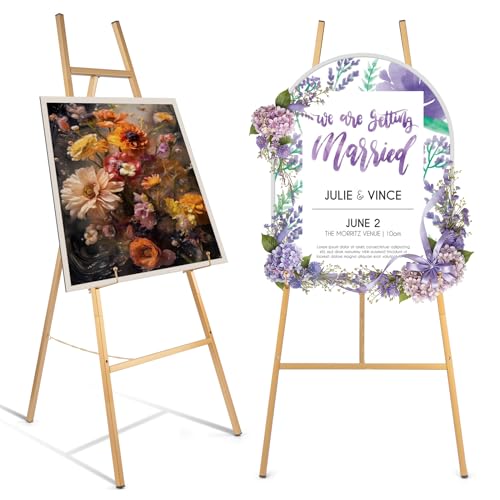 VICCGO Gold Easel Stand for Wedding Signs, Heavy Duty Easel Stand with Ajustable Chain, Metal Display Easel for Art, Welcome Signs, Posters, Pictures, Paintings