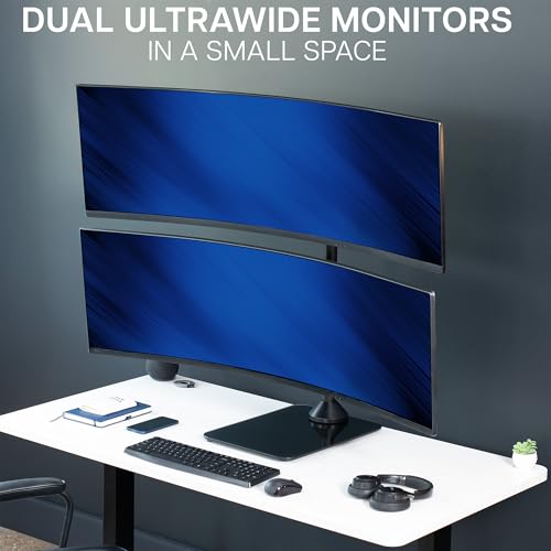 Image of VIVO Dual Vertically Stacked Ultra-Wide Monitor Desk Stand with Glass Base, Extra Tall Adjustable Mount for 2 Ultrawide Screens up to 49 inches, 44 lbs Per Screen Capacity, Black, STAND-V202LG