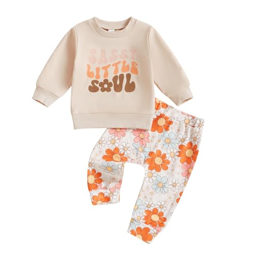 XIXIMAON Toddler Baby Girls Clothes 2 Pieces Jogger Set Pink Sassy Girls Suit Long Sleeve Sweatshirt Top Drawstring Pants Set Tracksuit Set (Khaki, 12-18 Months)