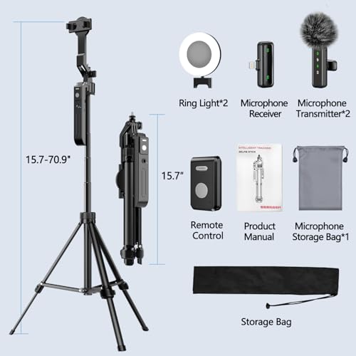 yAyusi Vlogging Kit for iPhone/Android, 70.9\" Magnetic Auto Face Tracking Tripod for iPhone with Light, Microphone/Remote Control, Content Creator Essentials Starter Kit for TikTok and YouTube