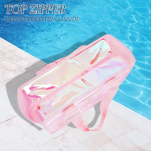 Image of Fammart Iridescent Clear Beach Bags Waterproof Sandproof for Women, Large Jelly Tote Zipper Pool Bag Cruise Essentials 2026