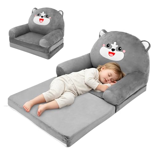 Foldable Toddler Sofa Bed for Kids 1-4 Years, Lightweight Baby Lounge Chair with Armrest, Portable Children Couch Converts to Nap Bed, Space-Saving Furniture for Bedroom & Playroom (Dog)