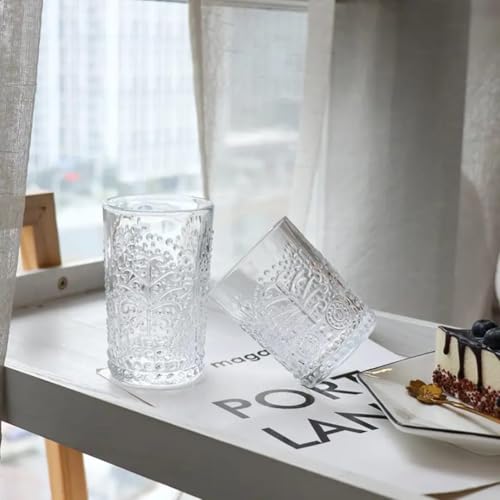 Image of PrimeWorld Romantic Embossed Water Glasses Set of 6 - 350ml | Vintage Clear Drinking Glass Tumblers for Juice, Whisky, Beer, Cocktails & Beverages