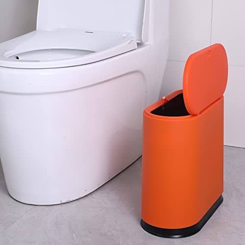 Sooyee Bathroom Trash Can With Lid, 2.4 Gallon Slim Smart Trash Can, Small Plastic Trash Bin, 10 L Narrow Plastic Trash Can Waste Basket For Bedroom, Bathroom, Kitchen, Office, Orange #TOP1