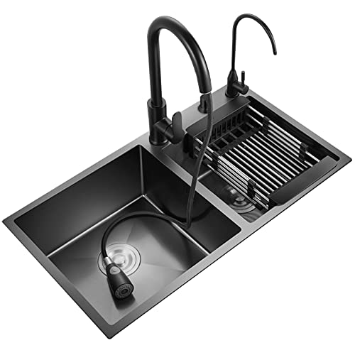Estación de trabajo doble de acero inoxidable negro para fregadero de cocina, nano rectangular, juego de 8 piezas, 81 x 43 x 20 cm, perfecto para caravanas, solución de fregadero duradera y elegante