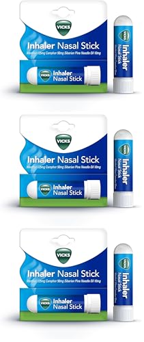 Image of Vicks Inhaler for Cold and Cough, Fast Relief from A Stuffy Nose, Decongestant for Blocked Nose, with Menthol, Camphor & Pine Needle Oil, for Adults & Children Over 6 Years (Pack of 3)