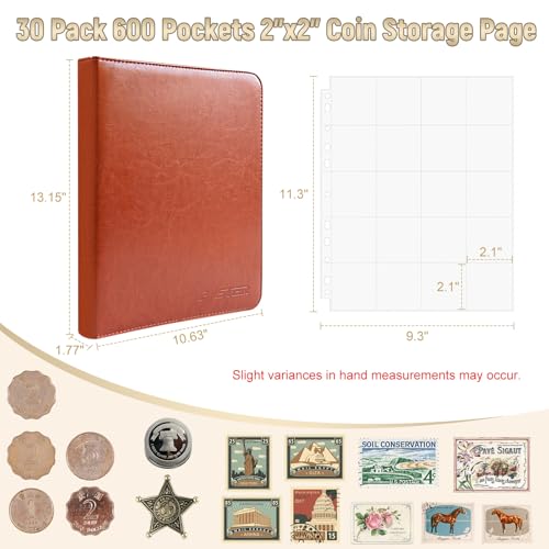 BYSTER Coin Collection Book, 30 Pack 600 Pockets Coin Sleeves, Coin Collection Holder Album, Coin Collection Organizer Storage Box Case (Coin Flips Not Included), Reddish Brown by BYSTER - Image 2