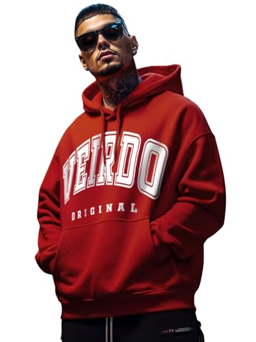 Image of Veirdo Fleece Oversized Baggy Fit Hooded Sweatshirt Drop Shoulder Typographic Logo Printed Full Sleeve Hoodie for Men (Avaiable in Colors: Copper Tan, Rust & Red)