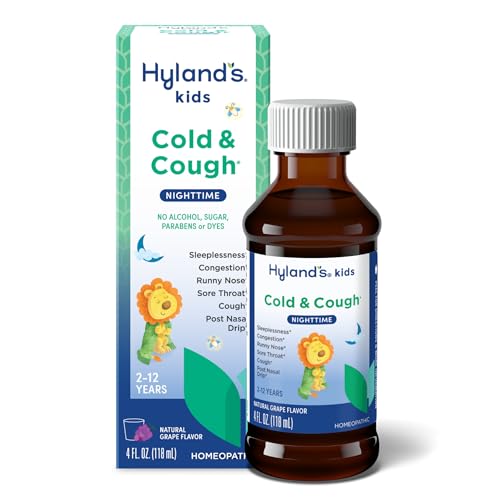 Hylands Kids Cold and Cough Nighttime Grape Flavor Cough Syrup Medicine for Kids Ages 2 and up Decongestant Sore Throat and Sleeplessness Relief of Common Cold Symptoms 4 Fl Oz