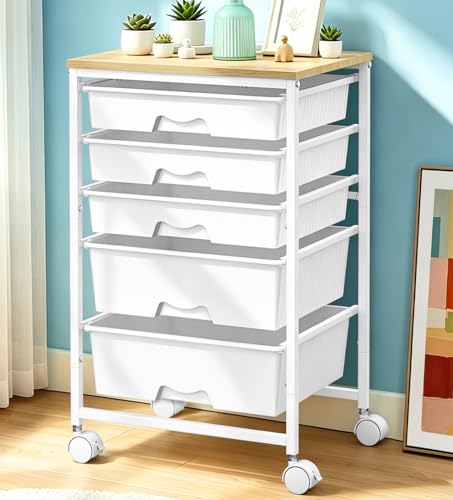 Image of SUNALLY Rolling Carts with 5 Drawers, Storage Drawer Carts for Craft, White