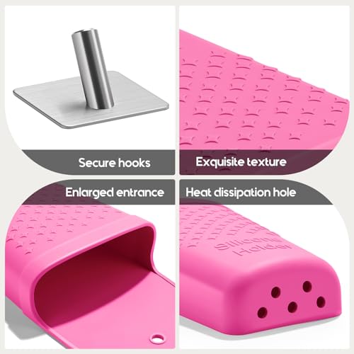 ZAKRA Curling Iron Holder,Heat Resistant Silicone Holder for Flat Iron,Hair Straightener,Hot Hair Tools,Vanity Accessories Fix with Stainless Steel Hook.(Hotpink)
