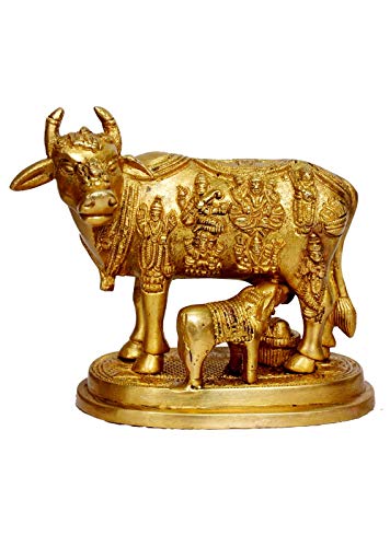 Image of Brass Kamdhenu Cow and Calf Nandi Pooja Figurine Sculpture, Product Dimensions - 6.5 x 3.2 x 5.5In, 2.2Kg