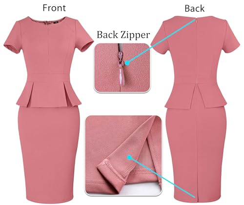 Image of VFSHOW Womens Work Business Office Front Zipper Peplum Bodycon Dresses Elegant Short Sleeve Slim Church Pencil Sheath Dress