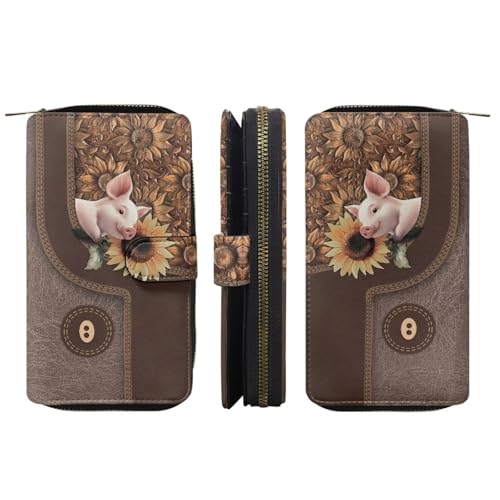 Image of COEQINE Ladies Wallets Pink Leopard Heart Black Printed Leather Phone Long Clutch Purses Check Coin Change Holder