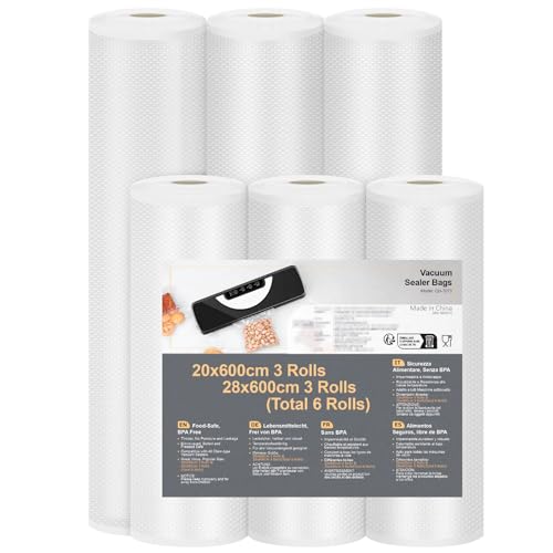 Vihoom Sacchetti Sottovuoto Alimenti 6 Rotoli 20/28x600cm, Goffrato Sacchetti Sottovuoto per Macchina Sottovuoto e Cottura Sous Vide, Senza BPA