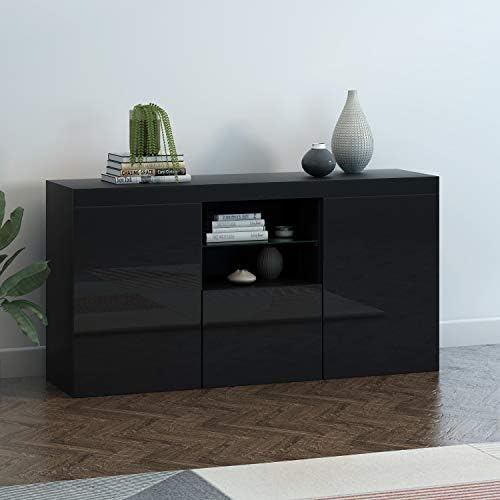 Panana High Gloss 3 Door Sideboard Cupboard with LED Lights Display Cabinet Storage Unit for Living Dining Room Bedroom Furniture (Black)