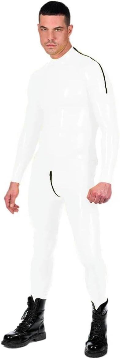 Male Patent Leather PVC Long Sleeve Jumpsuit Bodysuit Club Stage Costume Customizable White