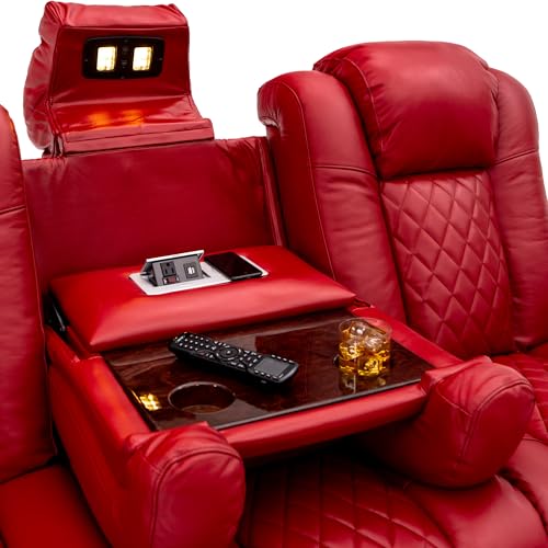 Seatcraft Anthem Italian Leather Sofa w/Fold-Down Table & Loveseat w/Storage Console, Living Room, Power Headrest, Power Recline, Red