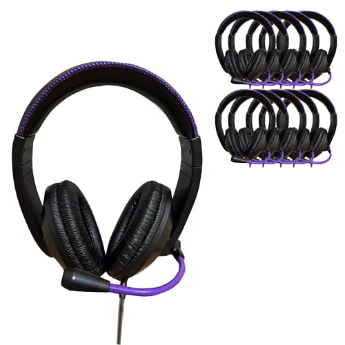 HamiltonBuhl Smart‑Trek Deluxe USB‑C Stereo Headsets 100‑Pack, Noise‑Canceling Gooseneck Mic, In‑Line Volume Control, Leatherette Cushions, Metallic Purple Accents