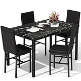 DKLGG Dining Table Set for 4 Kitchen Table and Chairs Set of 4 Faux Marble Dining Room Table Set Dinner Table with 4 PU Leather Upholstered Dining Chairs for Small Space Apartment (Black & Black)