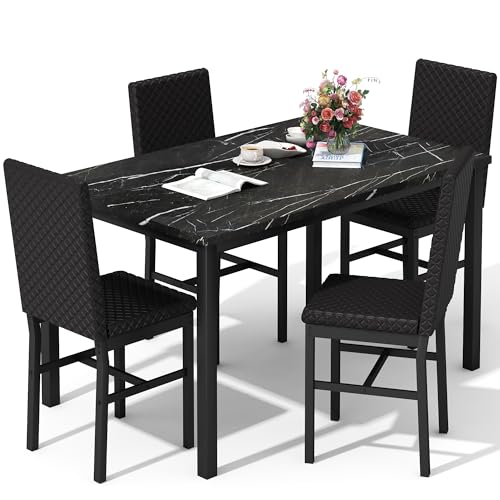 DKLGG Dining Table Set for 4 Kitchen Table and Chairs Set of 4 Faux Marble Kitchen and Dining with Velvet Upholstered Dinner Chairs for Small Space Apartment Home (Black & Black)