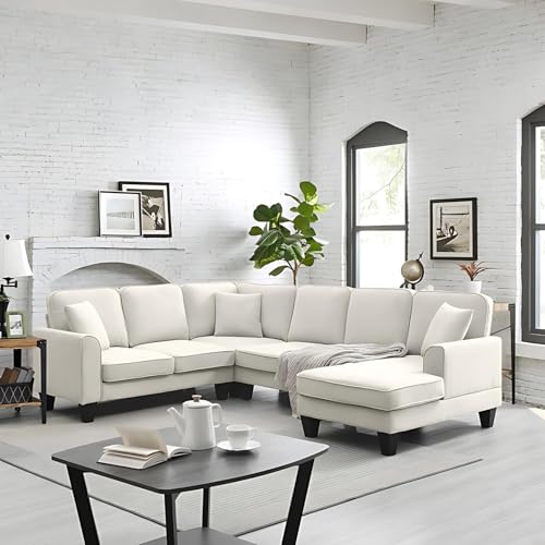 Cozyheaven Aiert 7 Seater Fabric U-Shaped Sectional Sofa Set for Living Room (Beige)