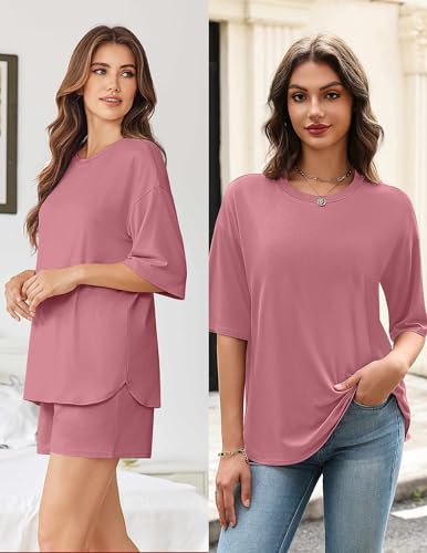 Image of Ekouaer Women's Two Piece Lounge Set Oversized Boxy T-shirt Casual Short Sets Summer Travel Matching Set 2026 Fashion
