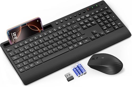 SABLUTE Tastatur Maus Set Kabellos, Handballenauflage und Telefonhalter | Voller Größe mit Multimedia Tasten, 2.4G Kabelloses Set für Windows, Chrome OS, PC, Laptop (Batterien) -Sc
