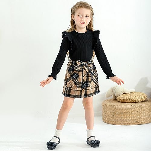 Image of Weixinbuy Toddler Girl Fall Winter Clothes Solid Long Sleeve Ribbed T-Shirt Knit Tops Plaid Button Mini Skirts Set Outfits