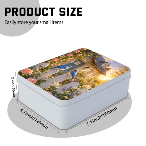 Image of Decorative Metal Tin Box with Lid,Bluebirds Fence Flower Organizer