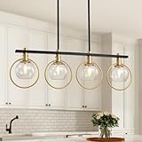 Kveosv Gold Black Chandelier Modern Dining Room Light Fixture 4-Light Kitchen Island Lighting Hanging for Farmhouse Linear Chandeliers Mid Century Chandelier with Clear Glass Globe Shade