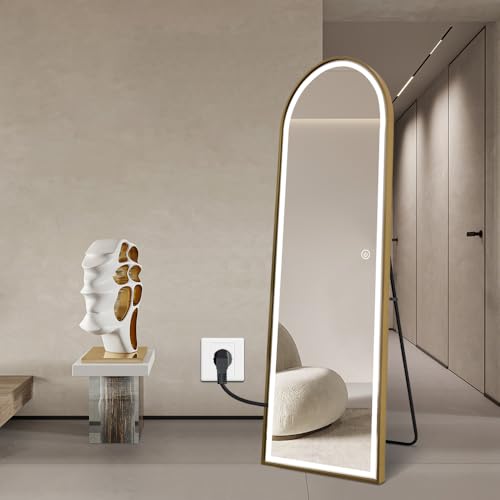 Full Length Arched LED Mirror 180cm x 80cm Freestanding Wall Mounted Gold Frame Dimmable
