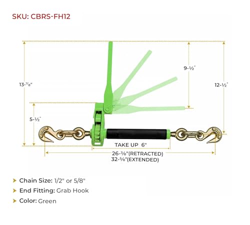 Image of Mytee Products (6 Pack) 1 /2 inch - 5 /8 inch Hi-Viz Green Heavy Duty Folding Handle Ratchet Load Binder w /Grab Hook 18,100 lbs WLL | Tie Down Hauling Chain Binders for Flatbed Truck Trailer