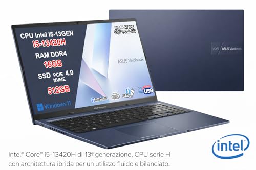 Asus Vivobook 15 Notebook Blue, Intel Core I5-13420H, Ram 16GB DDR4, Ssd 512GB Nvme Pcie 4.0, Display 15,6” Fhd Ips Anti-Glare, Wi-Fi 5, Webcam Privacy Shutter, Windows 11 Home, 3 Anni Garanzia - 2