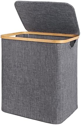 Laundry Basket Hamper with Lid 60L Collapsible Dirty Clothes Basket Organizer with Bamboo Handle Closet Storage Bin for Bedroom Bathroom Laundry Room, Grey