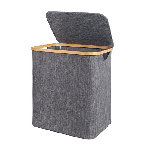 Laundry Basket Hamper With Lid 60L Collapsible Dirty Clothes Basket Organizer With Bamboo Handle Closet Storage Bin For Bedroom Bathroom Laundry Room, Grey #TOP2