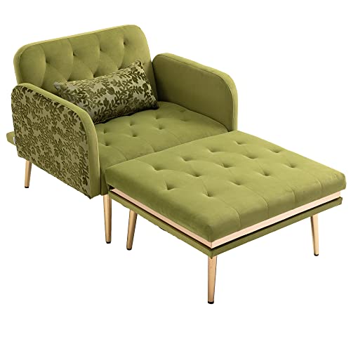 Homsof Backrest Indoor, Velvet Sofa Bed With 3 Angles, Convertible Reclining Chair With Golden Metal Legs, Adjustable Chaise Lounge, Olive #TOP4