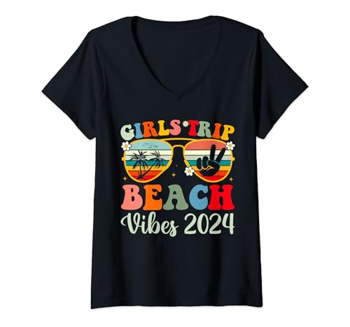 Mujer Viaje de chicas Beach Vibes 2024 Vacaciones de verano Camiseta Cuello V