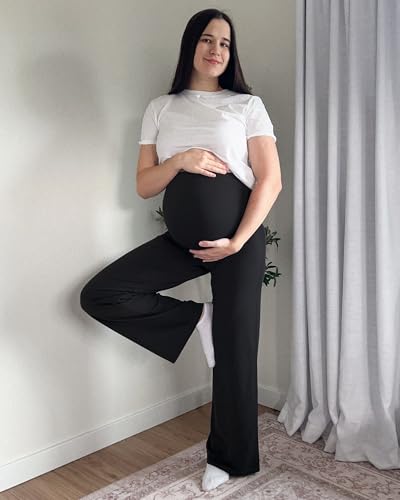 Image of G4Free Women's Maternity BareFeel Wide Leg Yoga Pants | Bump-Friendly Coverage,Wide Leg Design,Lycra Blend,Extremely Soft,Skin-like Touch,for Work Casual Wear