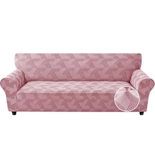 JIVINER 1 Piece Couch Cover for 3 Cushion Couch, Stretch Extra Large Sofa Covers with Elastic Bottom, Washable Oversized Sofa Slipcovers Feature Geometrical Jacquard Fabric (XL Sofa, Pink)